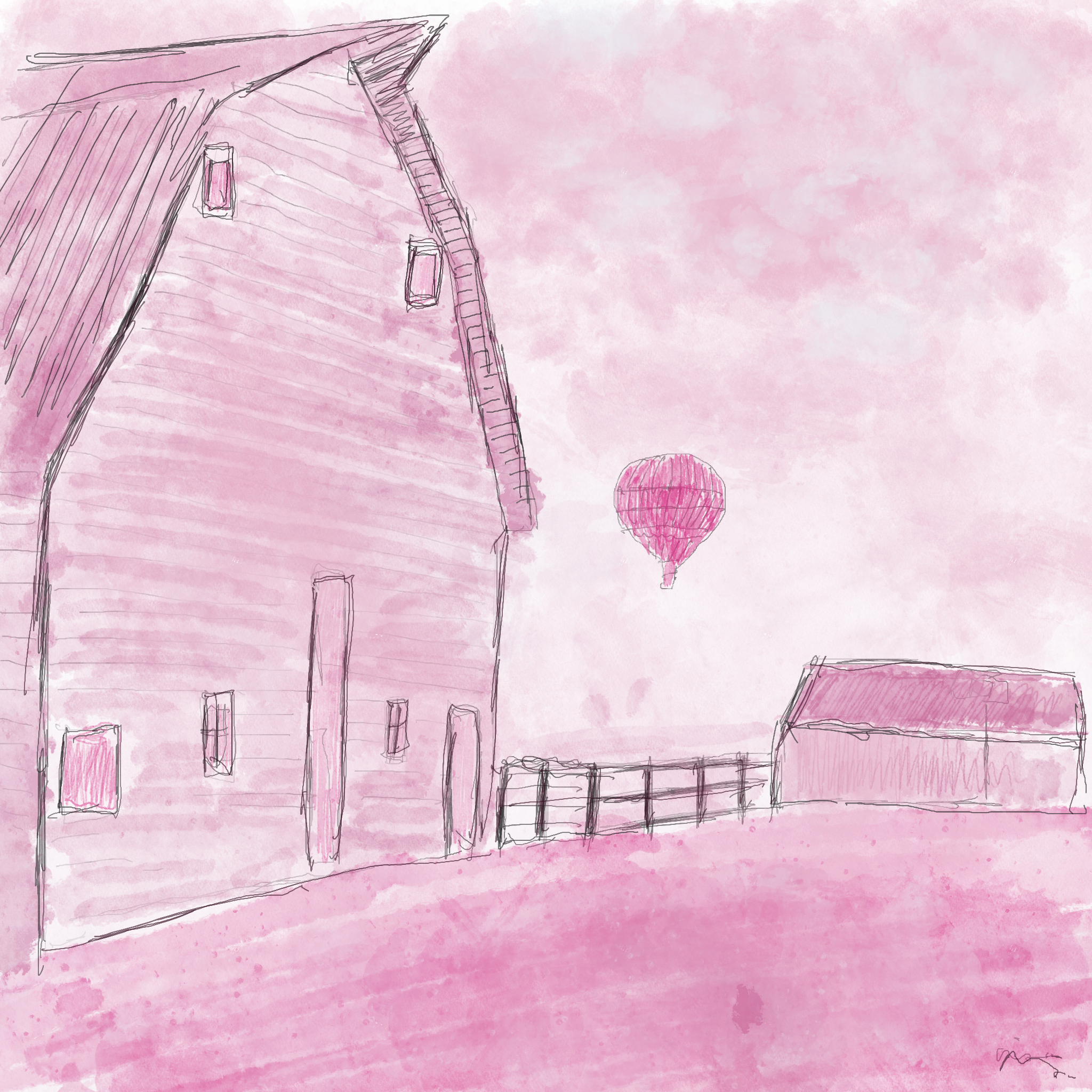 pink barn with balloon