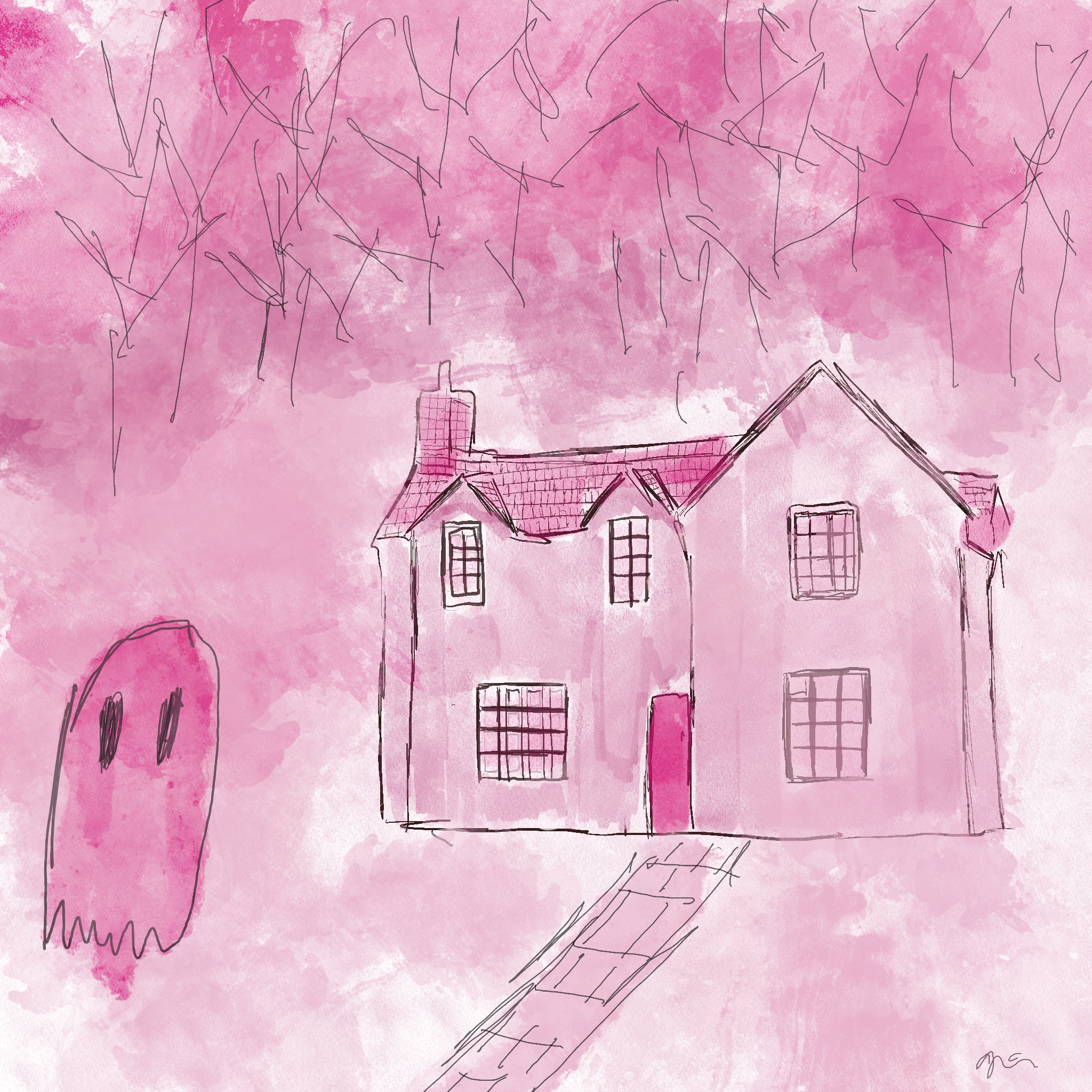 pink house with ghost
